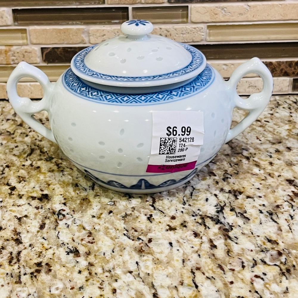 Vintage Blue White Rice Grain Porcelain Sugar Bowl with Lid Double Handle China